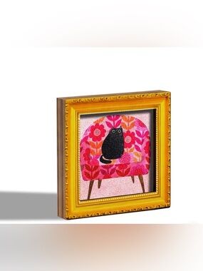 Mini Black Cat Pink Floral Chair Framed Art Magnet Cute Decor